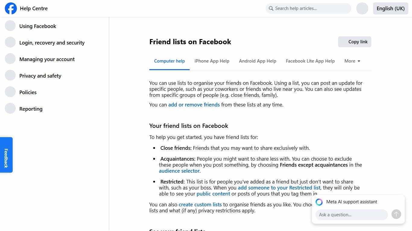 Friend lists on Facebook Facebook Help Centre